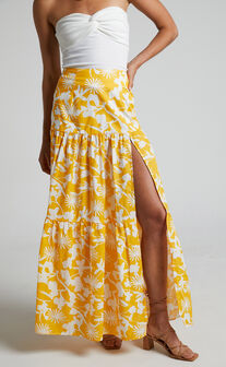 Evita Maxi Skirt - Drop Waist Thigh Split Tiered Skirt in Yellow Floral