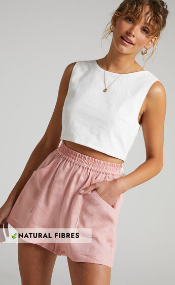 Amalie The Label - Indrissy Linen Elasticated Loose Fit Shorts in Dusty Pink