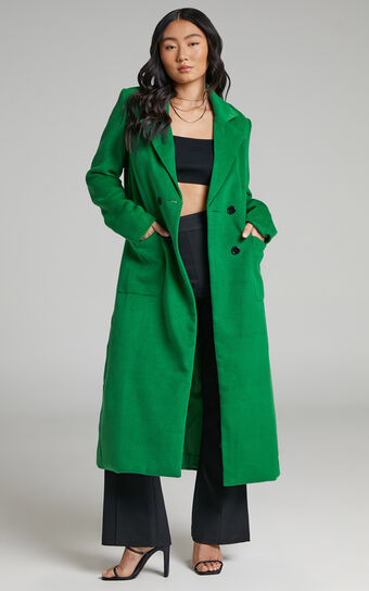 Jaya Double Breasted Collared Longline Coat in Green