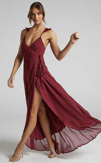 Maibelle Maxi Dress - Frill Shoulder Wrap Dress in Wine