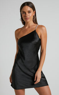 Boysie One Shoulder Diamante Back Detail Slip Mini Dress in Black