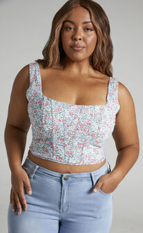Keriana Square Neck Cropped Corset Top in Purple Pink Floral