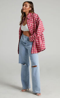 Aurea Oversized Check Shacket in Pink & Red