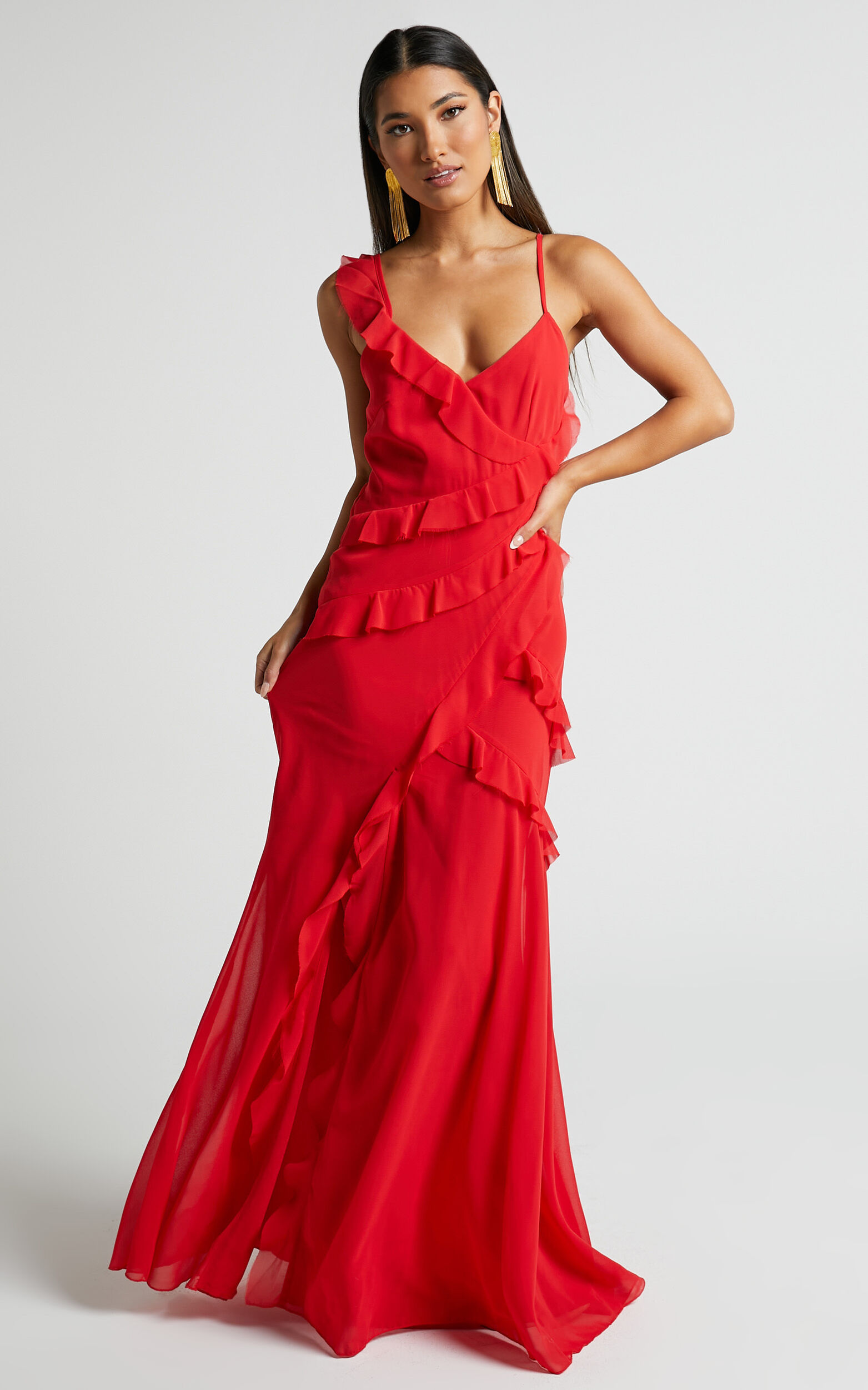 Nitha Maxi Dress - Asymmetrical Frill Thigh Split Dress in Red | Showpo