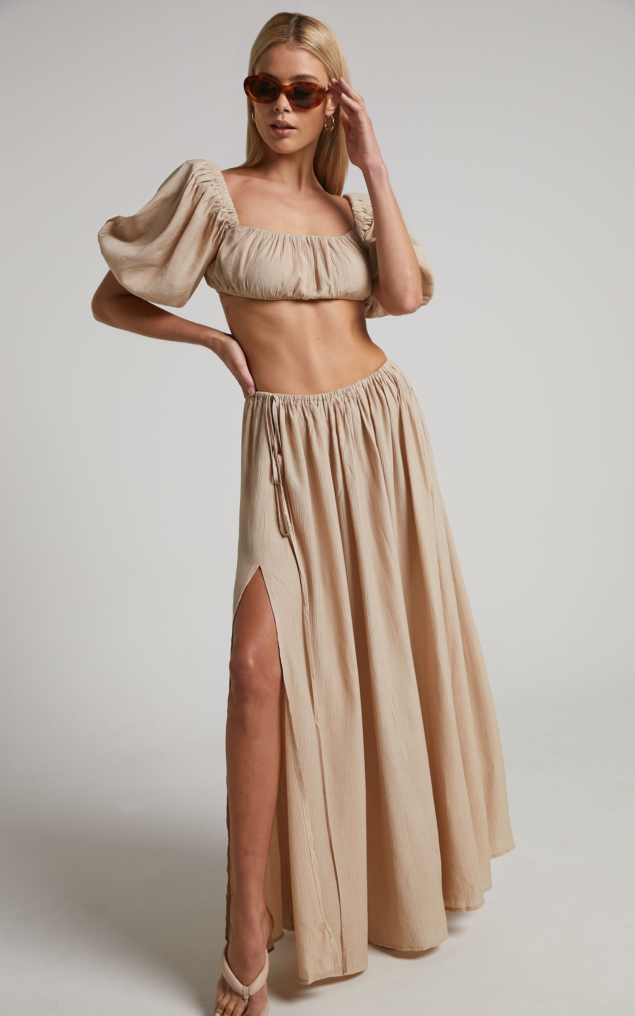 Dhalia Maxi Skirt - Gathered Split Skirt in Sand - 04, BRN1, super-hi-res image number null