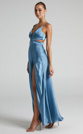 Precious Maxi Dress - Plunge Cut Out Double Split Dress in Steel Blue ...