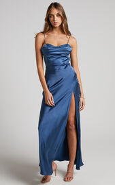 Brody Maxi Dress - High Split Bodice Slip Dress in Steel Blue | Showpo
