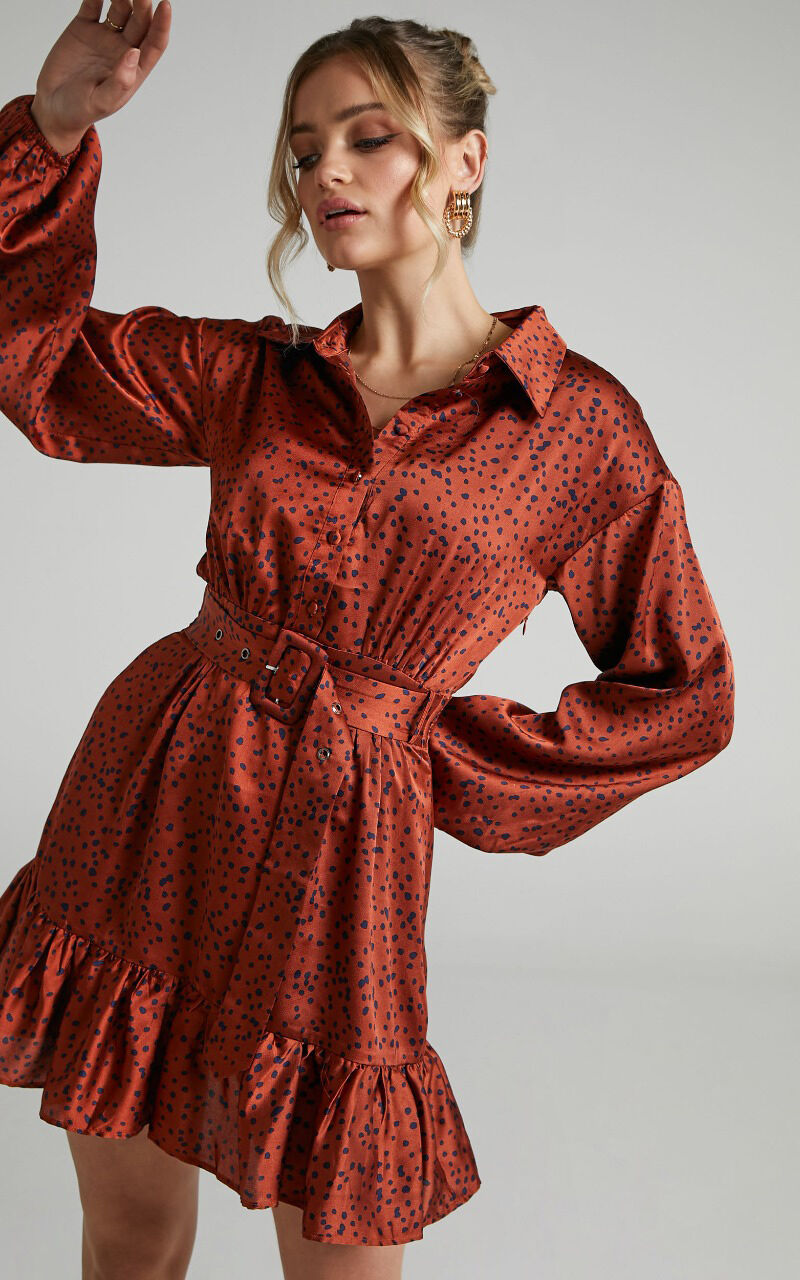 Cooma Belted Long Sleeve Collared Mini Dress in Copper Spot - 04, GLD1, super-hi-res image number null