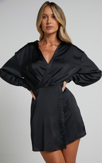 Mijella Long Sleeve Button Up Dress in Black