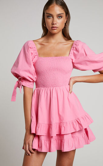 Chelle Mini Dress - Shirred Short Tie Sleeve Dress in Pink