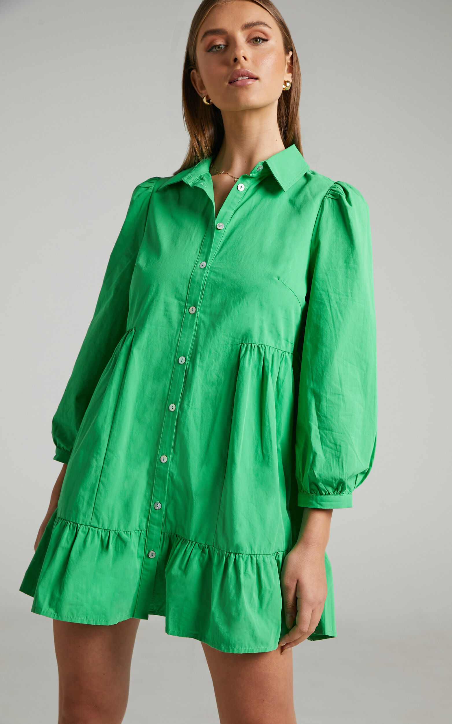 Maulee Mini Dress - Frill Hem Shirt Dress in Green - 04, GRN1