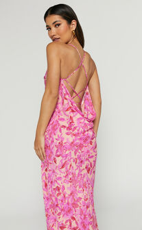 Manuella Maxi Dress - Cowl Neck Slit Slip Dress in Pink