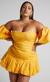 Amalie The Label - Khaila Linen Off Shoulder Bubble Mini Dress in mango