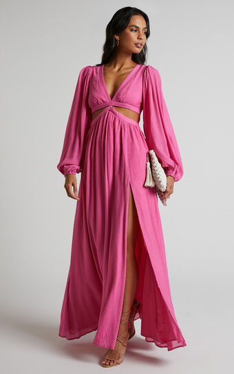 Paige Maxi Dress - Side Cut Out Balloon Sleeve Dress in Pink