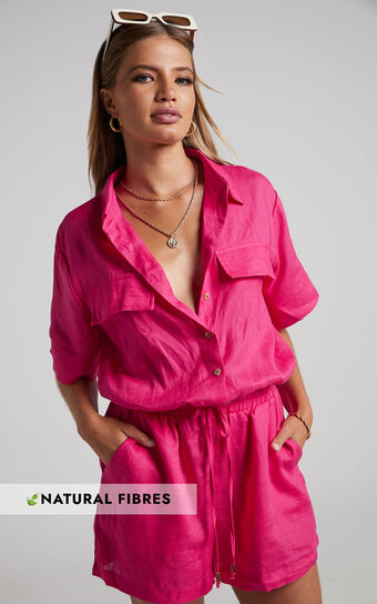 Amalie The Label - Koami Button Front Collar Playsuit in Magenta