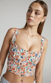 Keriana Square Neck Cropped Corset Top in White / Rust / Blue Floral