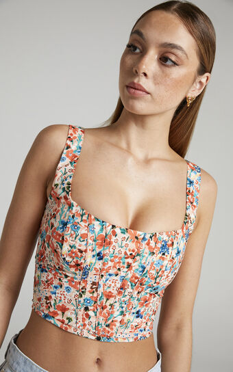Keriana Top - Square Neck Cropped Corset in White / Rust / Blue Floral