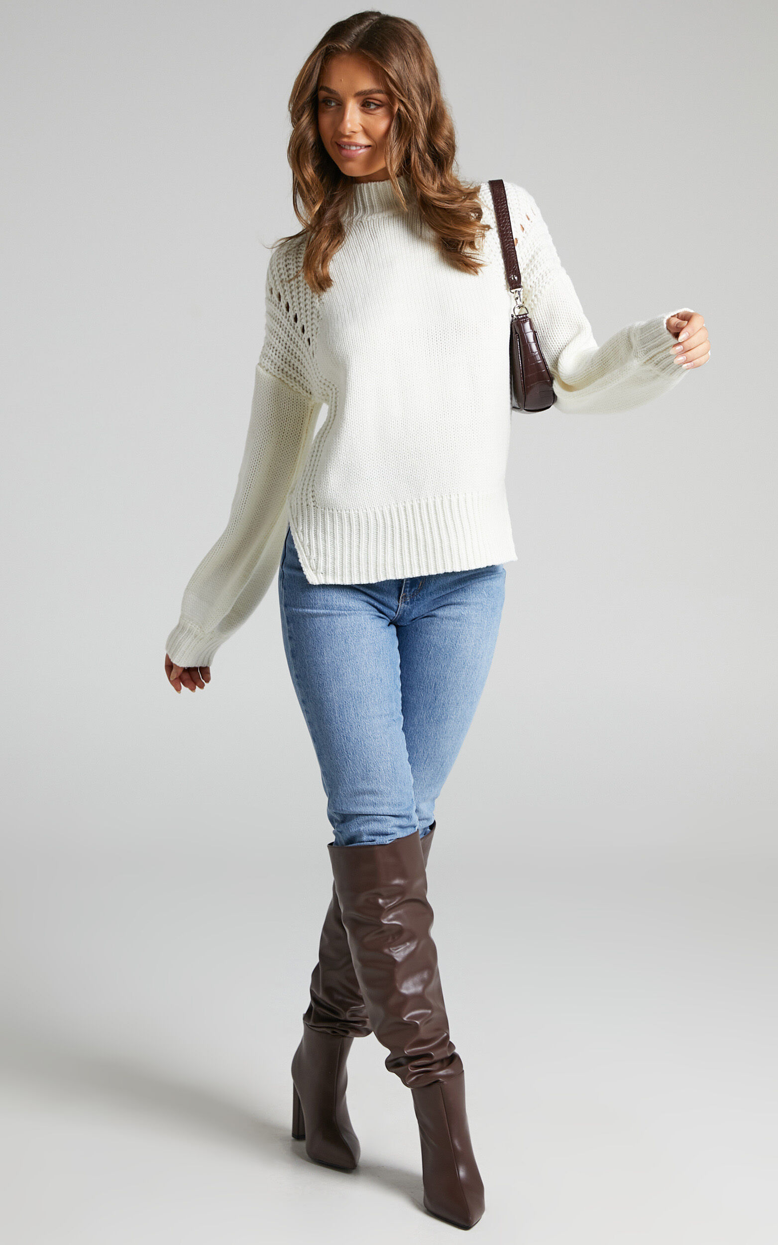 Trizia Long Sleeve High Neck Pointelle Knit Jumper in Cream - 06, CRE1, super-hi-res image number null
