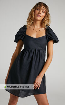 Amalie The Label - Charlotte Linen Puff Sleeve Open Back Mini Dress in Black