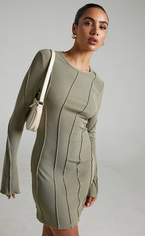 Anneth Long Sleeve Dress with Contrast Detail in Khaki