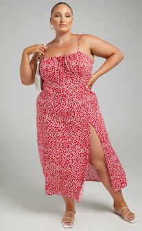 Willa Midi Dress with Shirred Bust Detailing in Red Floral