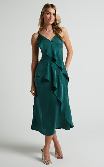 Eileen Midi Dress - V Neck Soft Ruffle Tiered Satin Dress in Emerald