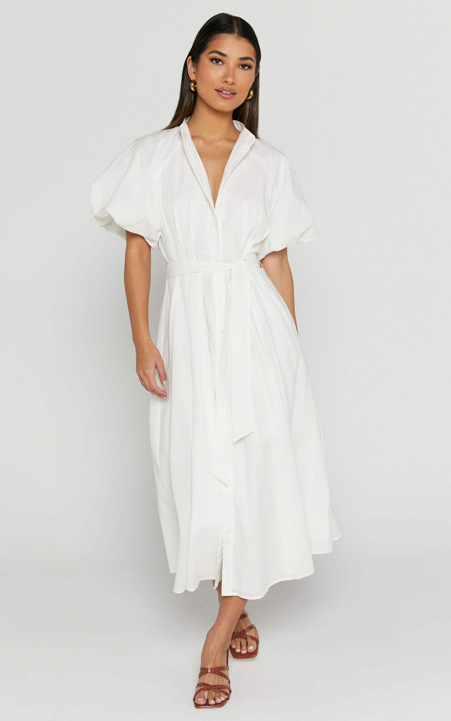 Sabrina Midaxi Dress - Raglan Sleeve Belted Dress in White - 06, WHT1
