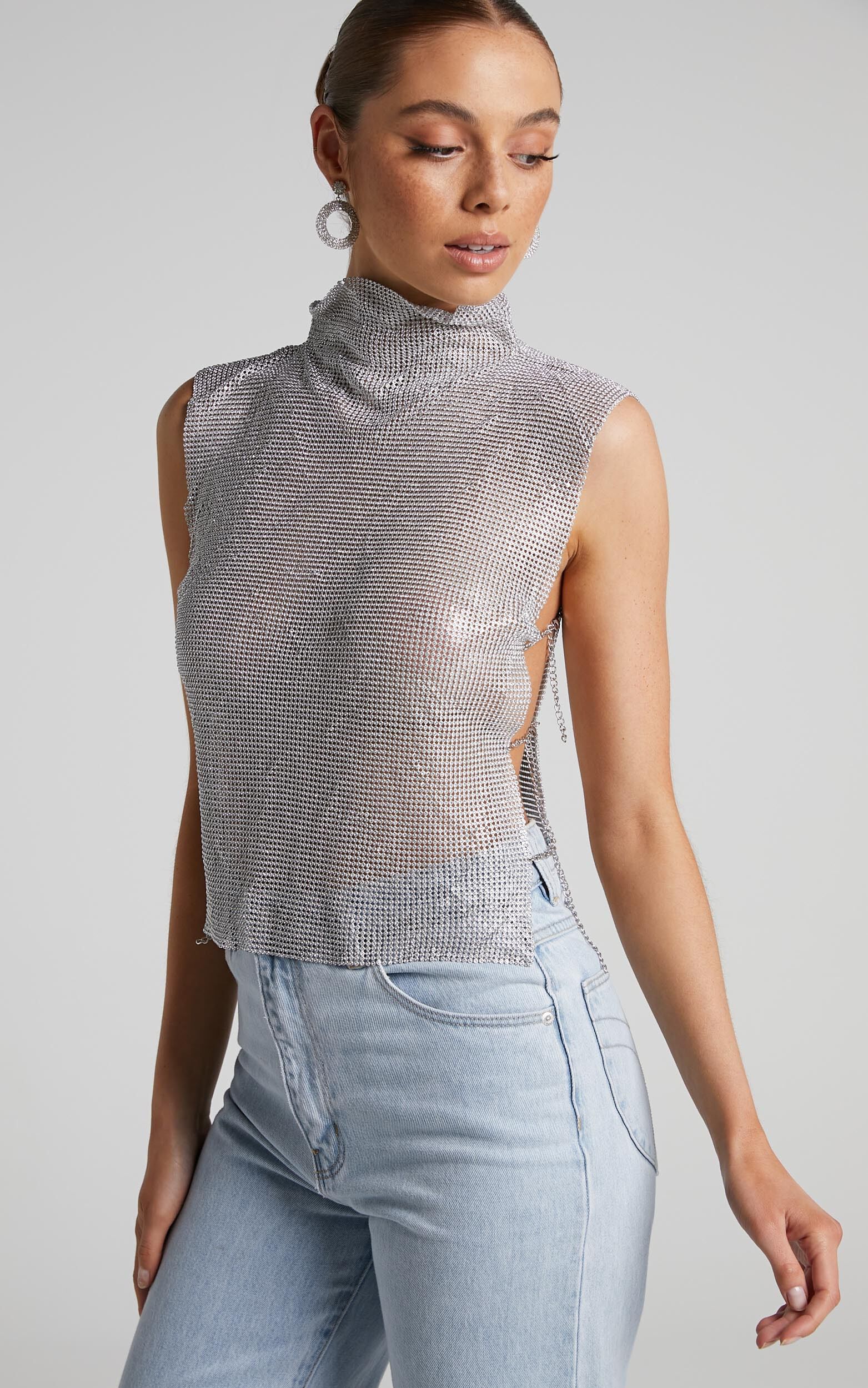 Dalena Top - Sleeveless High Neck Mesh Chainmail Top in Silver - L, SLV2