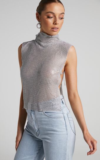 Dalena Top - Sleeveless High Neck Mesh Chainmail Top in Silver