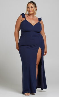 More Than This Midaxi Dress - Ruffle Strap Thigh Split Dress in Navy