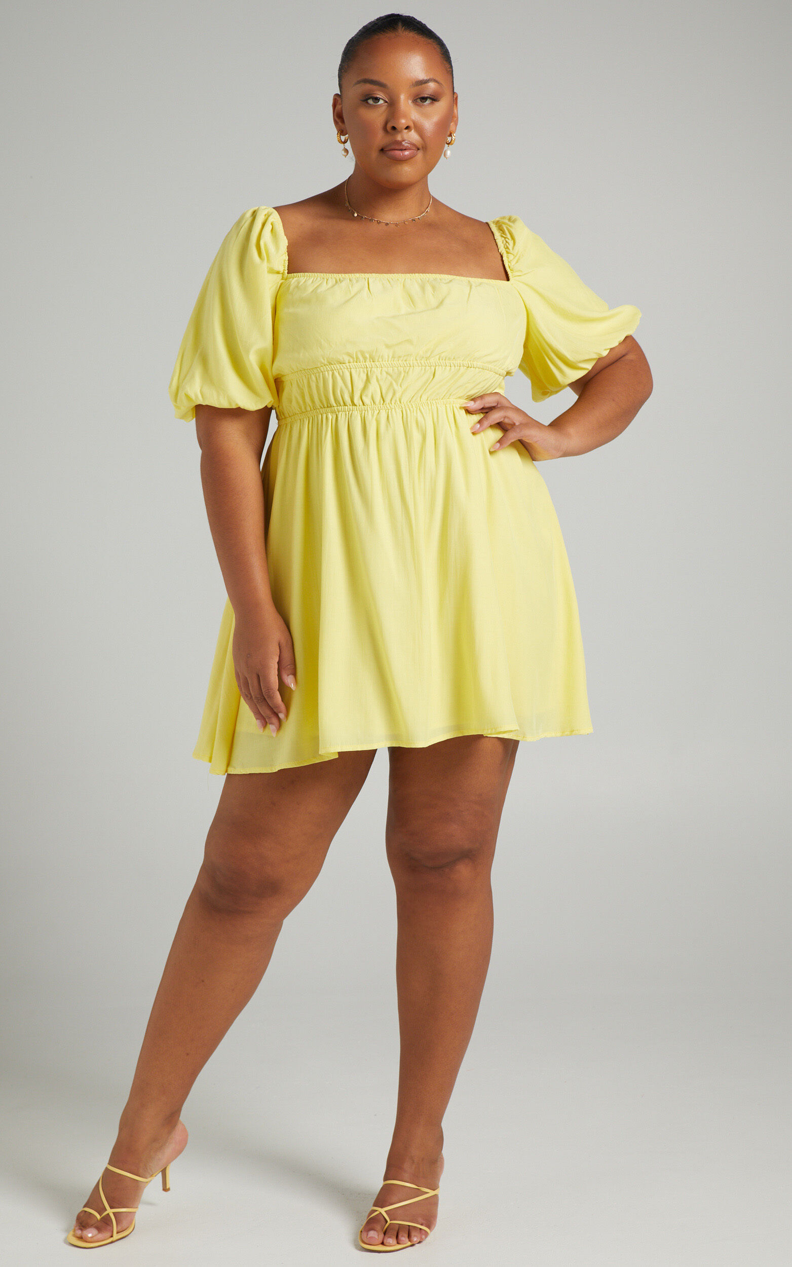 Maretta Stretch Waist Square Neck Mini Dress in Butter Yellow - 06, YEL2, super-hi-res image number null