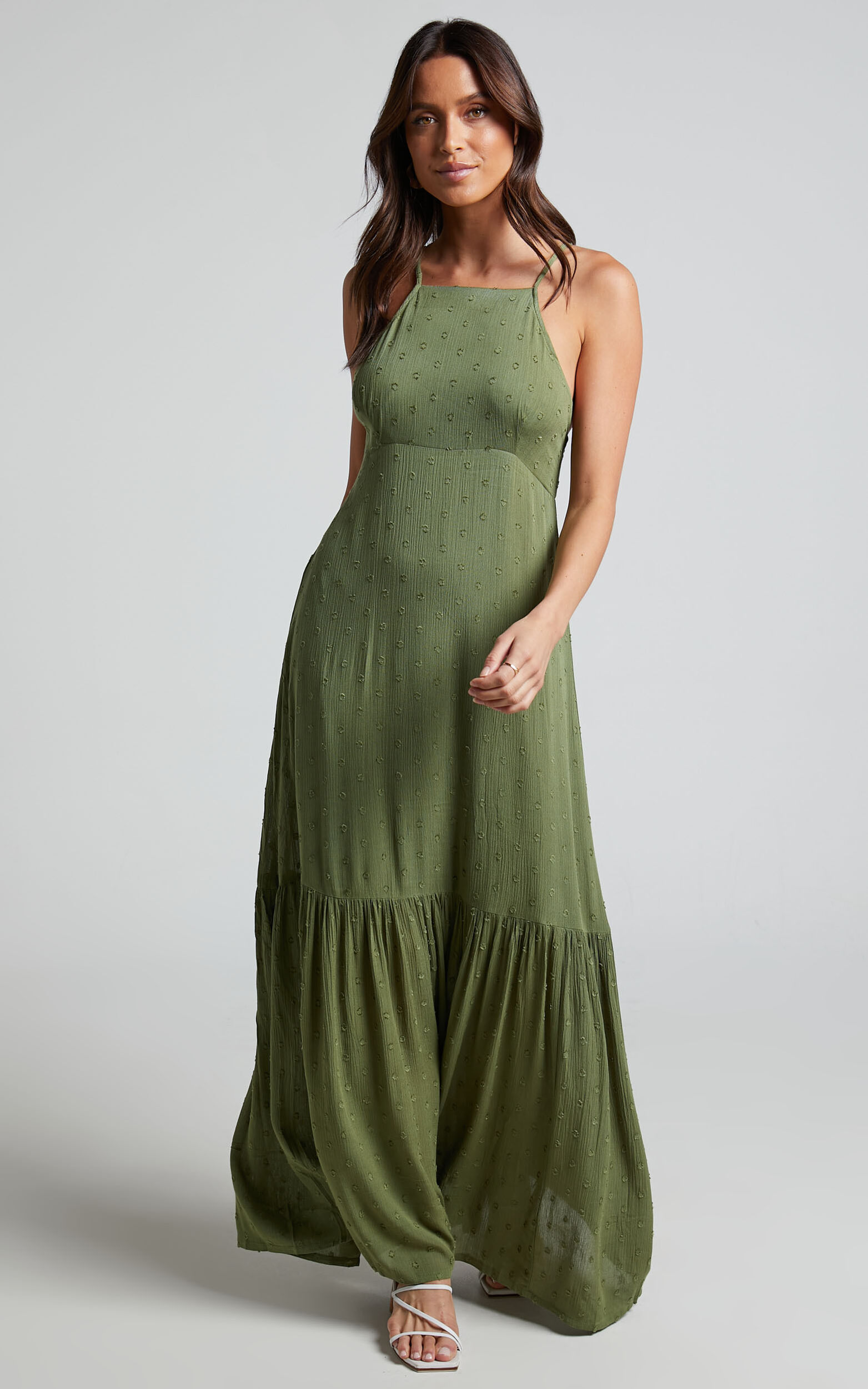 Cariele Midi Dress - Strappy Tiered Dotted Dress in Olive - 06, GRN1