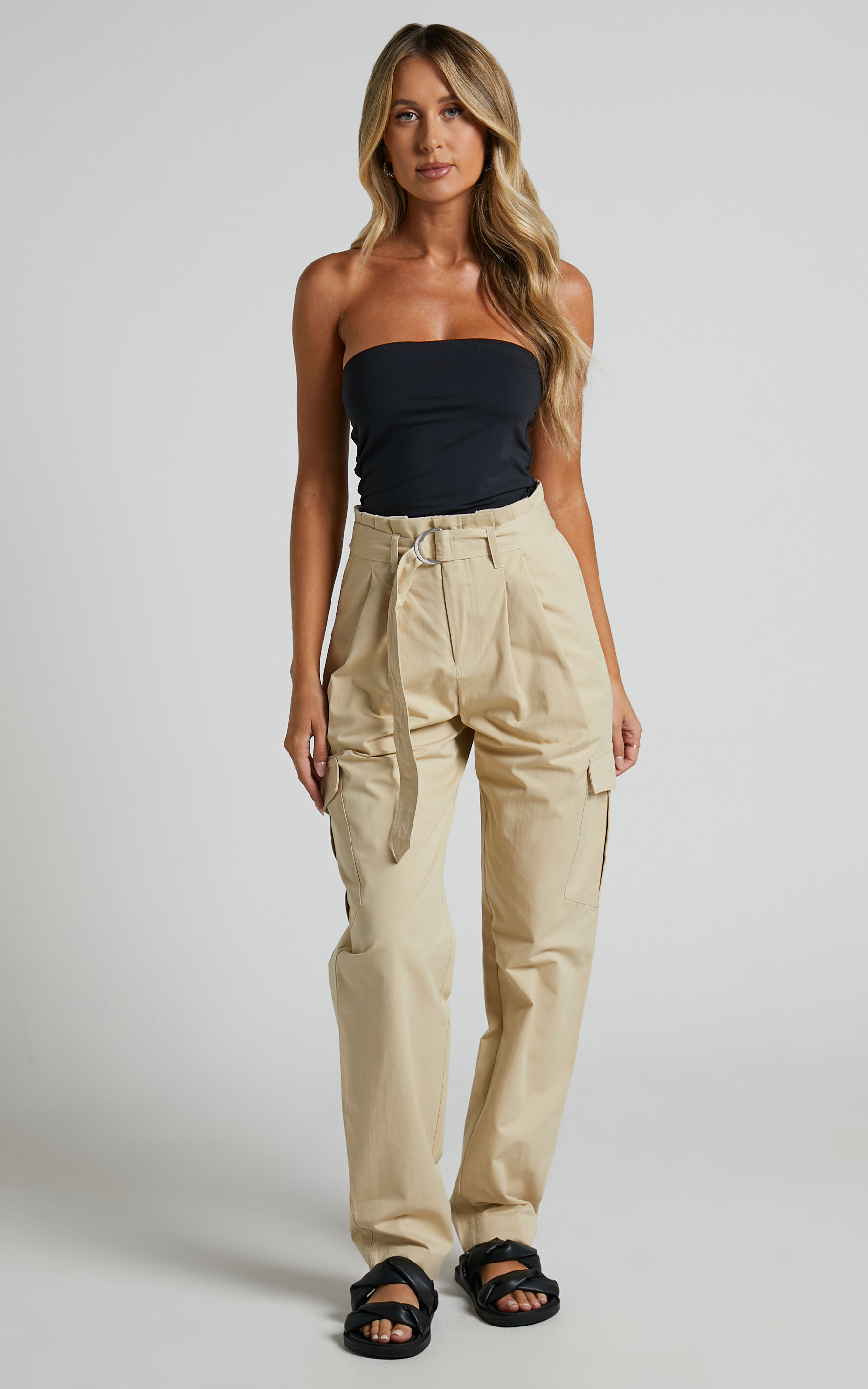 Chaslien Pants - High Waisted Paper Bag Belted Cargo Pants in