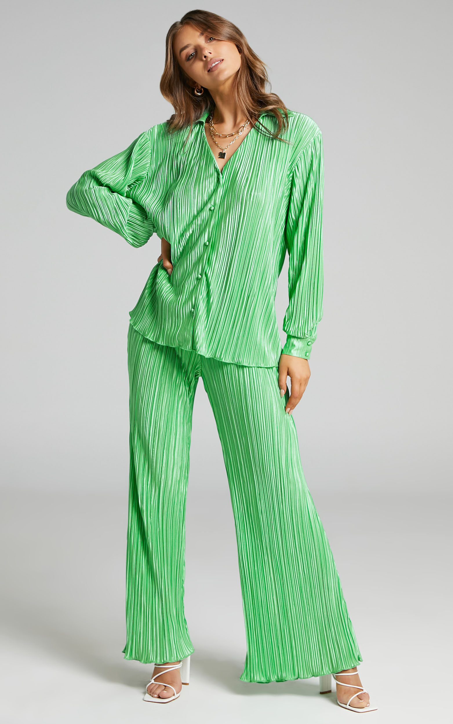 Beca Plisse Button up Shirt in Bright Green - 06, GRN5, super-hi-res image number null