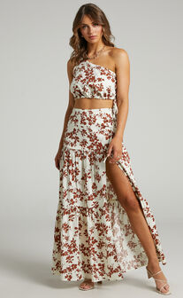 Meghan Two Piece Set - One Shoulder Crop Top and Midaxi Skirt Set in Shadow Floral