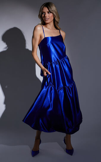 Kamari Asymmetrical A Line Tiered Maxi Dress in Cobalt Blue