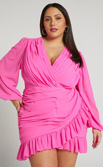 Can I Be Your Honey Mini Dress - Plunge Balloon Sleeve Dress in Hot Pink