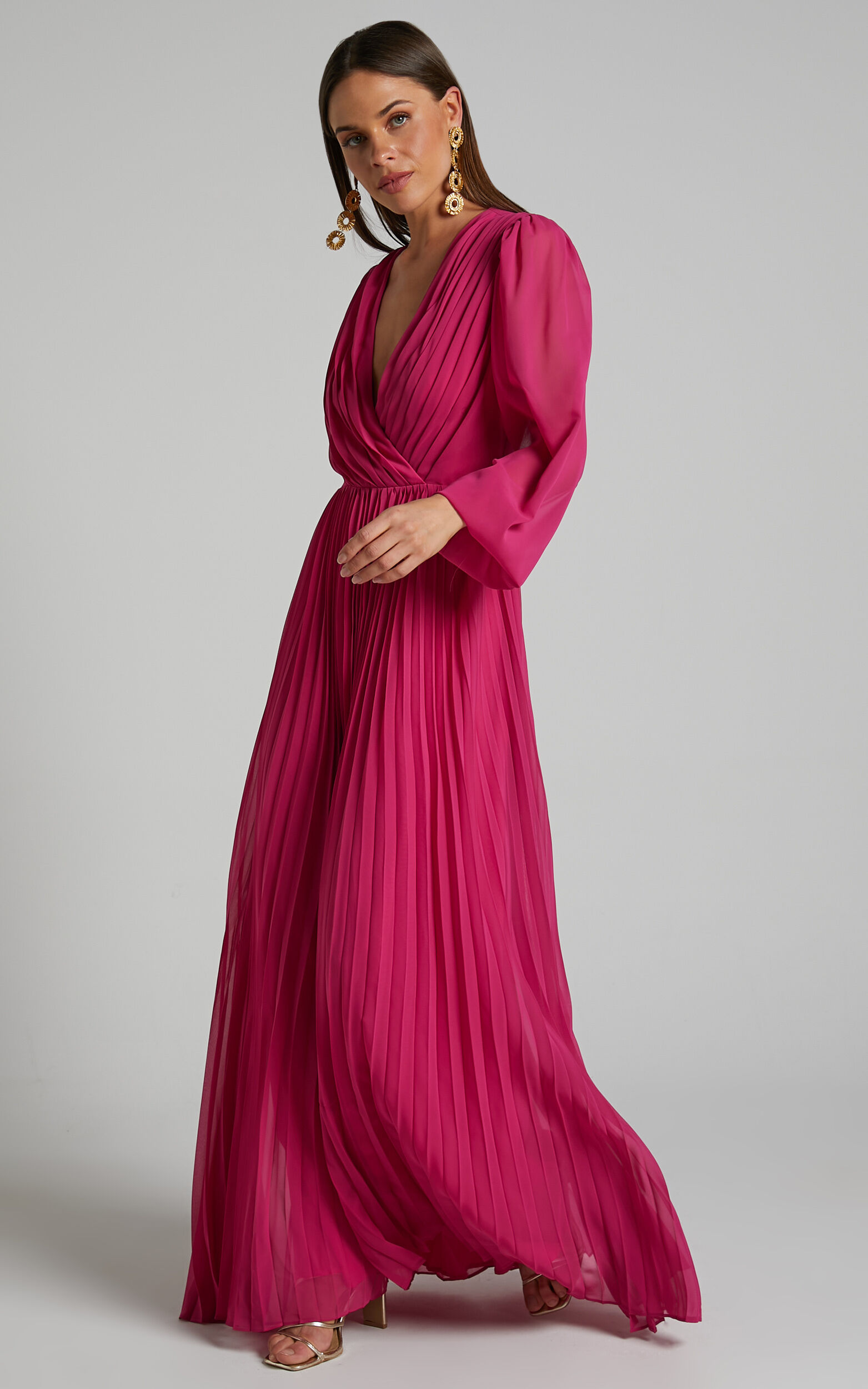 Palatine Long Sleeve Wrap Pleated Maxi Dress in Pink | Showpo