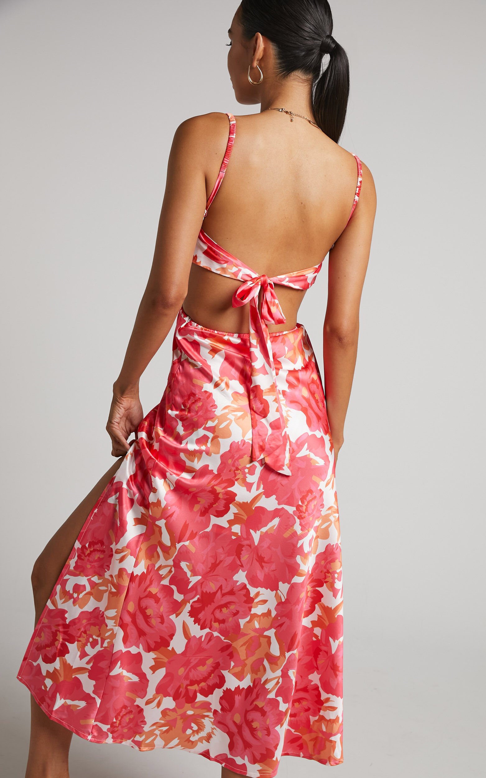 Loran Midi Dress - Cowl Neck Satin Slip Dress in Peony Blossom