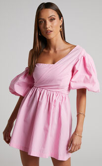 Sula Mini Dress - Asymmetric Off One Shoulder Puff Sleeve Dress in Pink