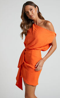 Niana Drape One Shoulder Mini Dress in Orange