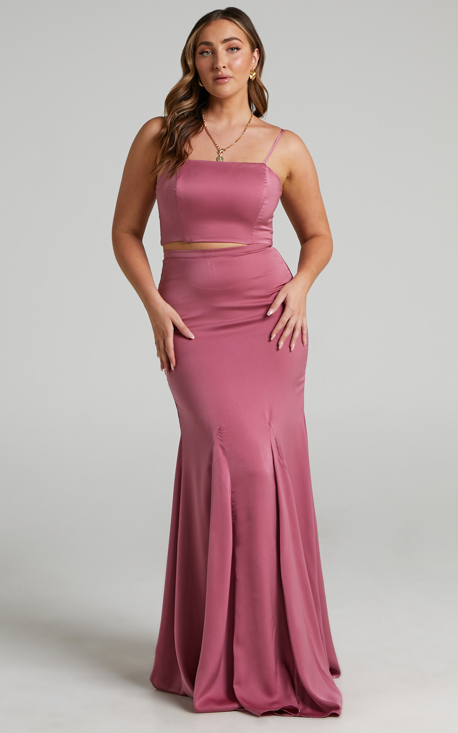 Massima Two Piece Set - Crop Top and Mermaid Maxi Skirt Set in Dusty Rose - 06, PNK1