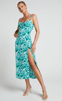 Willa Midi Dress - Ruched Bust Thigh Split Dress in Green Floral