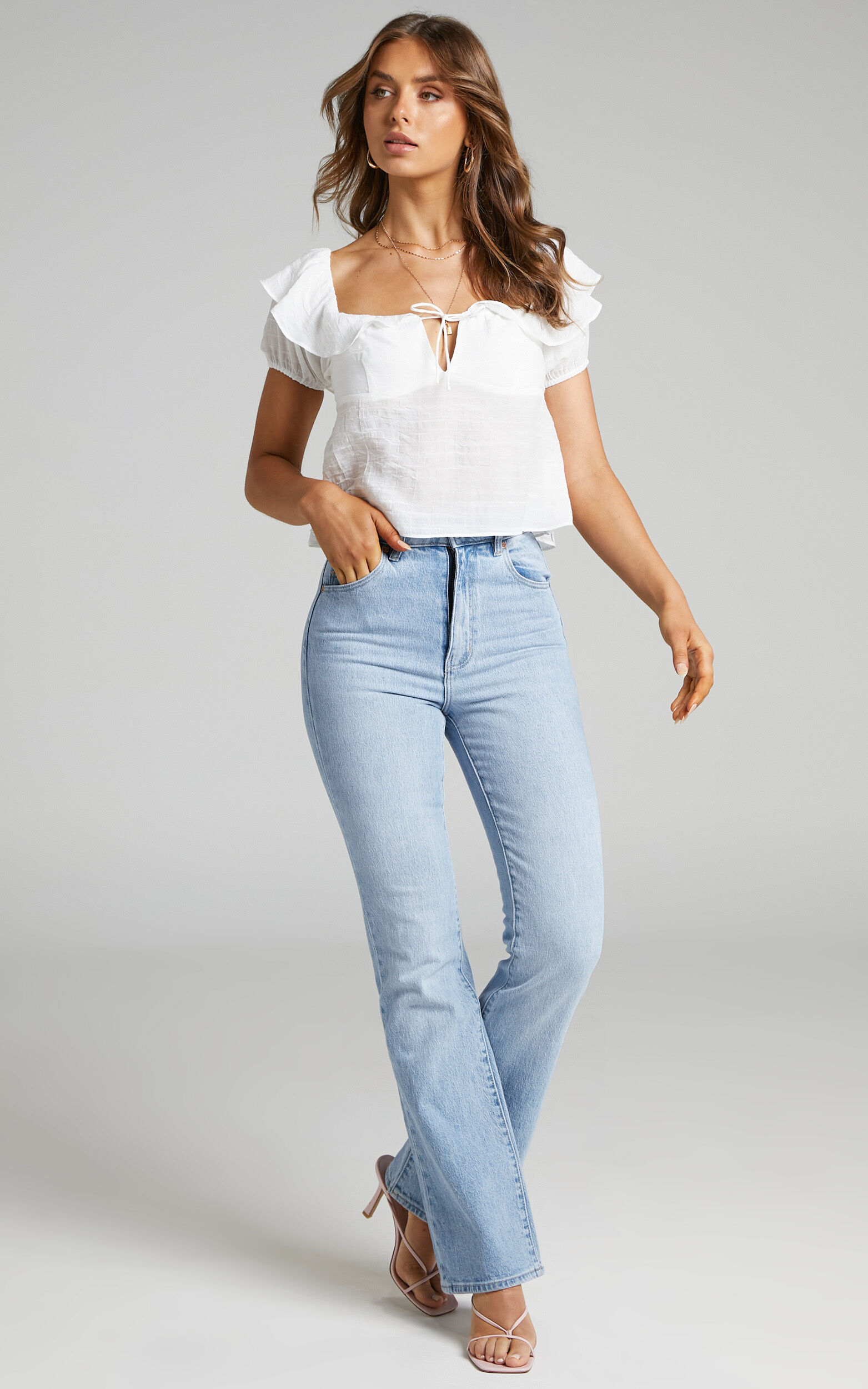 Canthe Frill Detail Puff Sleeve Off Shoulder Top in White - 04, WHT1, super-hi-res image number null