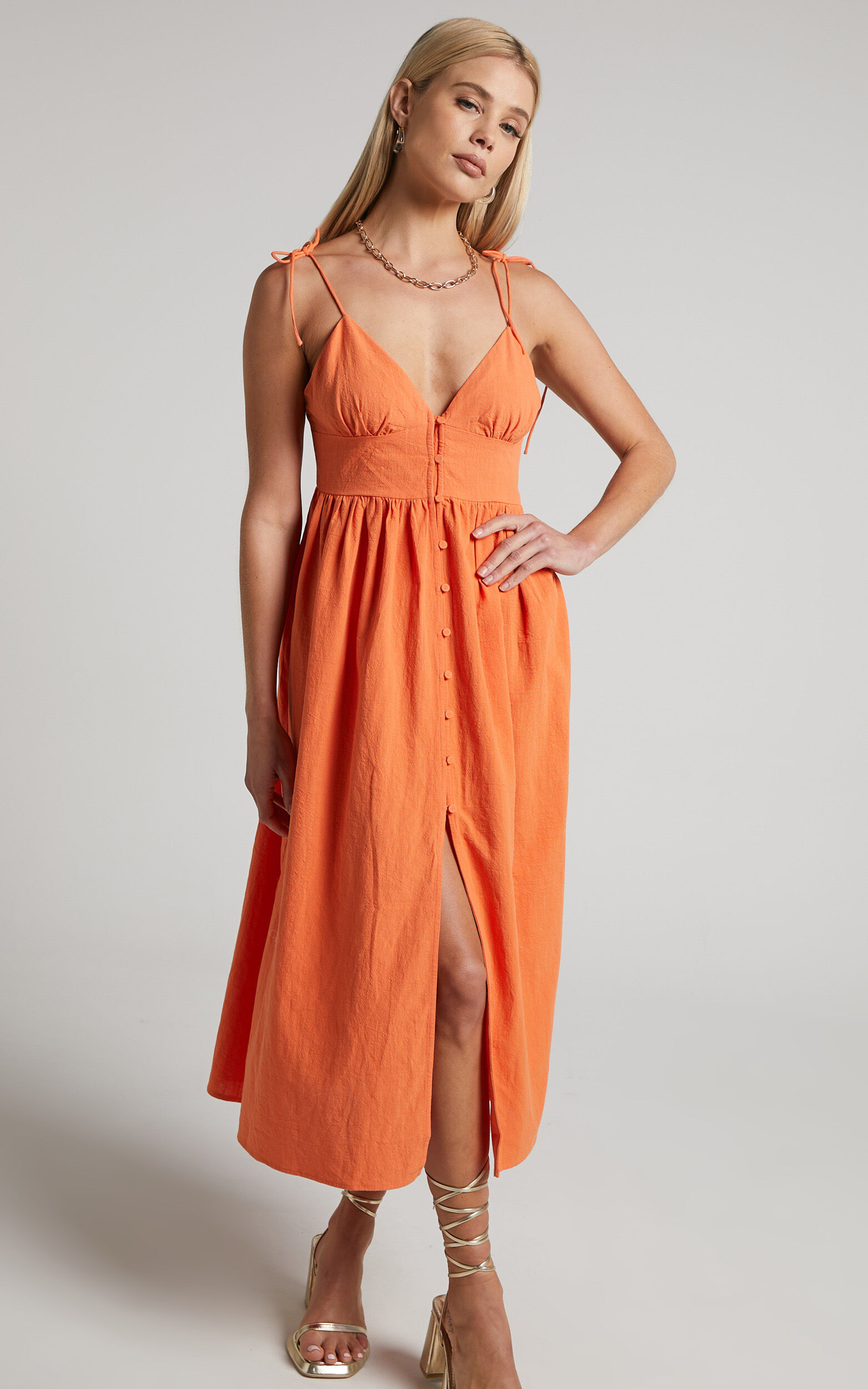 Chalmer Midi Dress - Tie Shoulder V Neck Button Up Dress in Orange | Showpo  USA