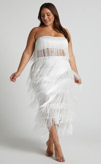 Amalee Fringe Strapless Crop Top and Midi Skirt Two Piece Set in White