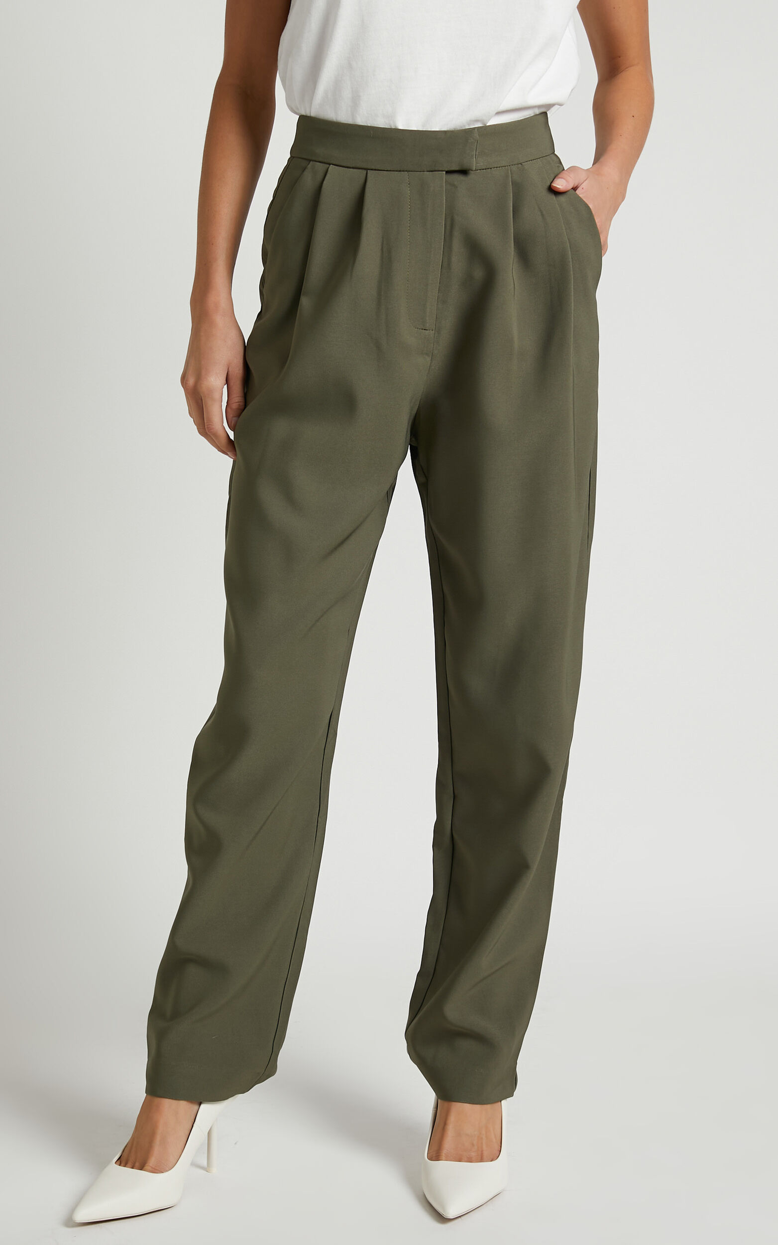 Junice Trousers - Tailored Pleated Elastic Waist Trousers in Khaki - 04, GRN1