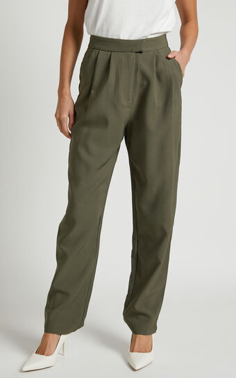Junice Trousers - Tailored Pleated Elastic Waist Trousers in Khaki