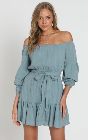 Getting It Right The First Time Off Shoulder Mini Dress in Sage
