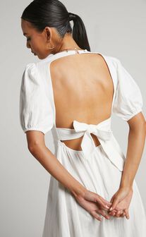 Marsha Midi Dress - Ring Detail Tie Back Puff Sleeve Dress in White